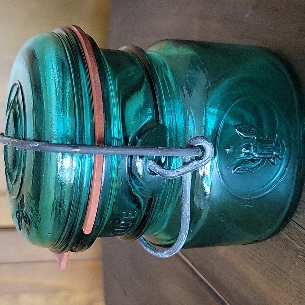 BALL IDEAL Vintage Bicentennial Ideal Teal Glass Wire Bail Mason Jar